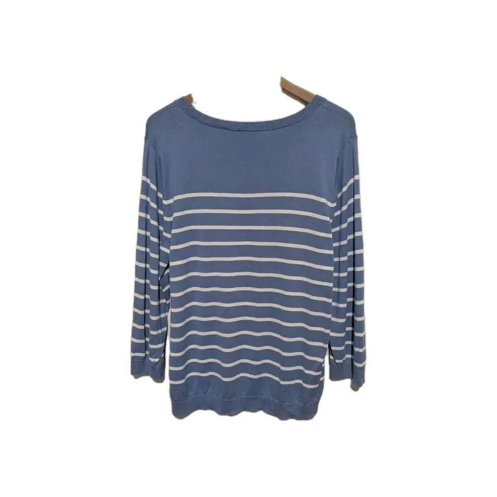 Talbots Sweater Women Medium Blue Striped Bumble Bee Crewneck Pullover XL